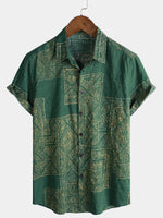 Men's Vintage Green Printed Short Sleeve Breathable Cotton Shirt
