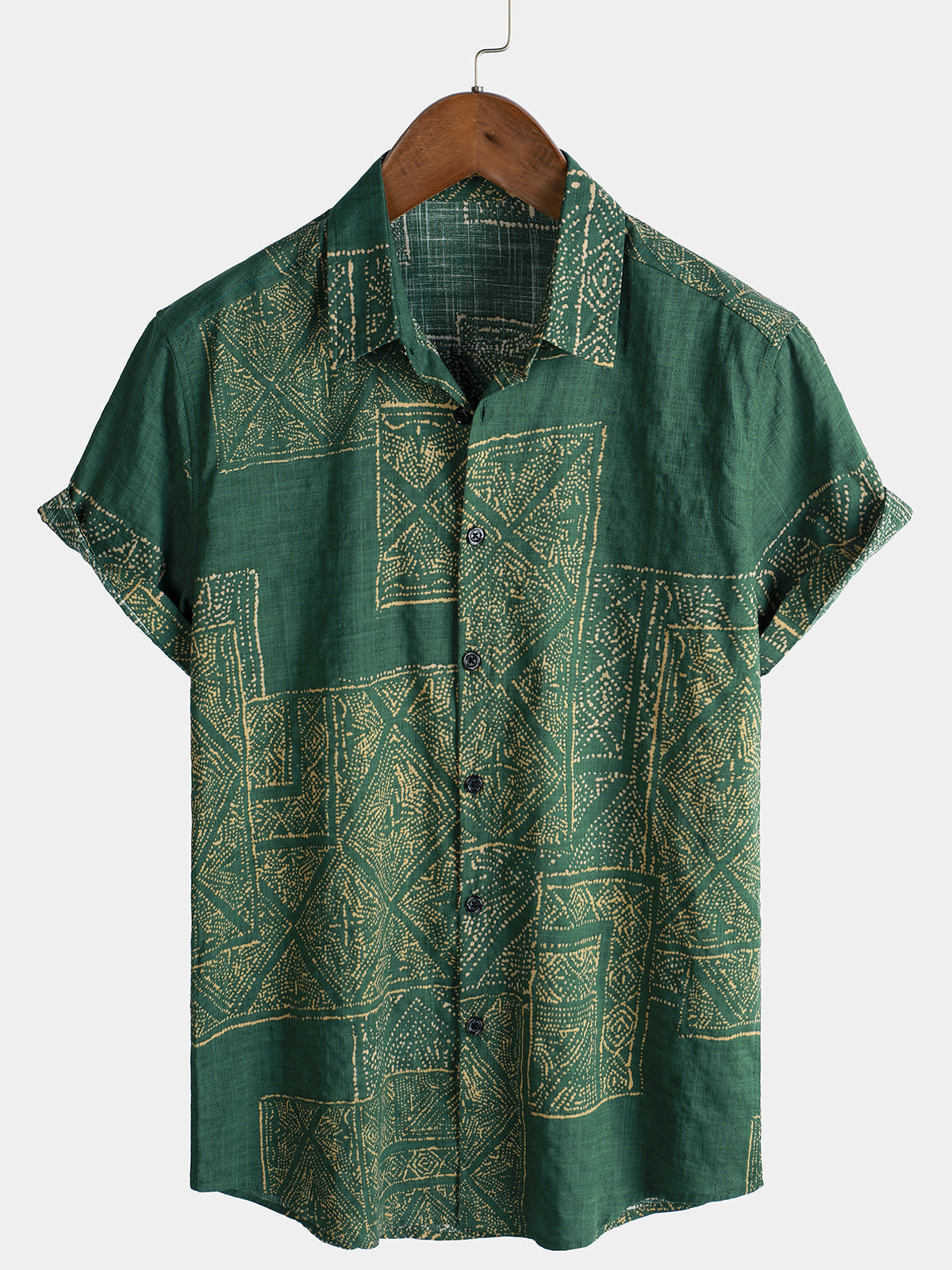 Men's Vintage Green Printed Short Sleeve Breathable Cotton Shirt