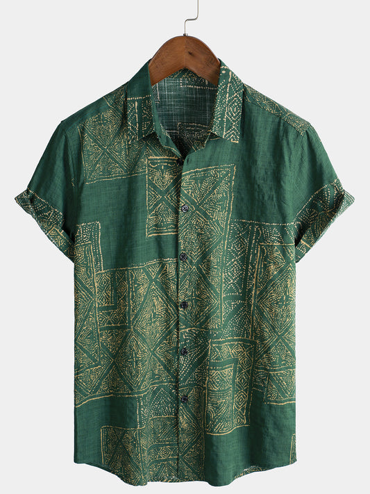 Men's Vintage Green Printed Short Sleeve Breathable Cotton Shirt