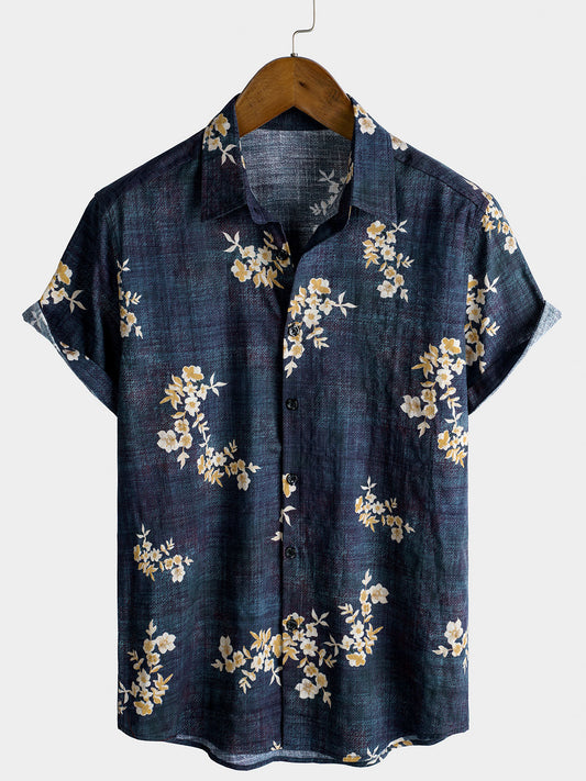 Casual Short-Sleeved Button-Up Shirt with Floral Print for Men
