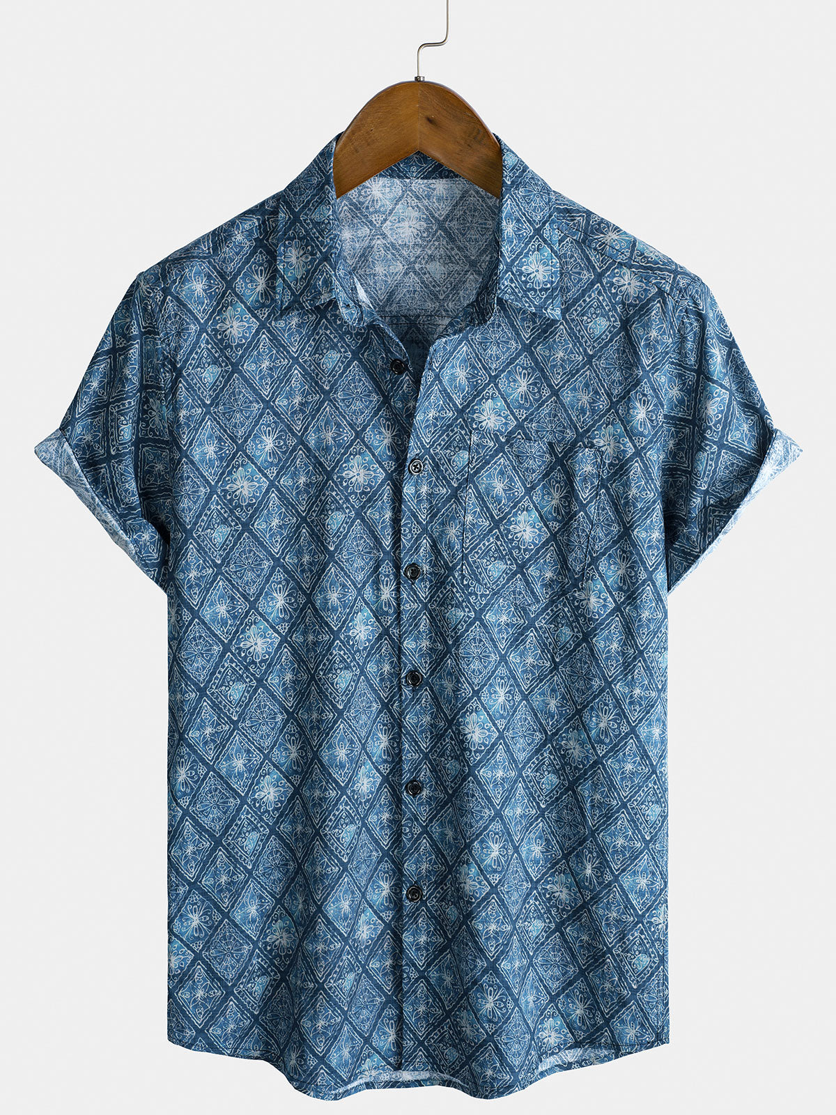 Men's Short Sleeve Summer Shirt, Retro Bohemian Print, with Pocket