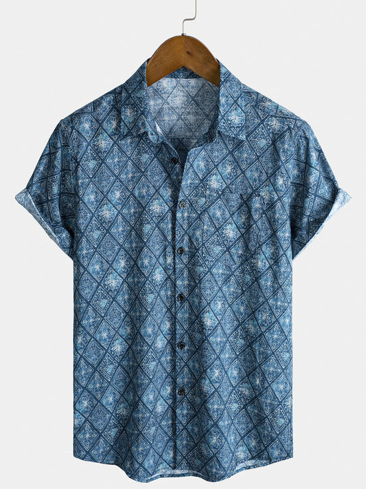 Men's Short Sleeve Summer Shirt, Retro Bohemian Print, with Pocket