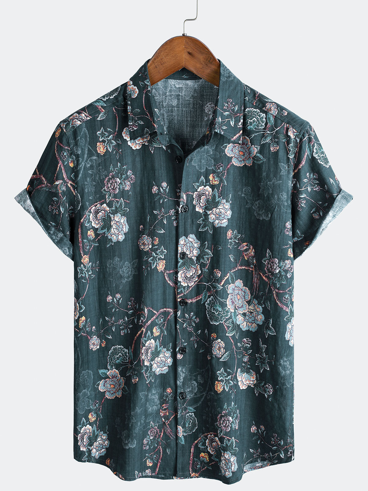 Men's Short Sleeve Button-Up Casual Shirt, Floral Print, Camp Style