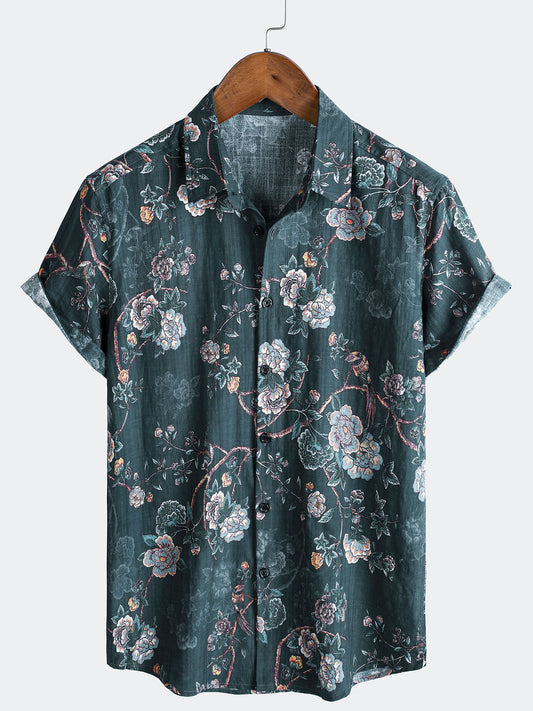 Men's Short Sleeve Button-Up Casual Shirt, Floral Print, Camp Style