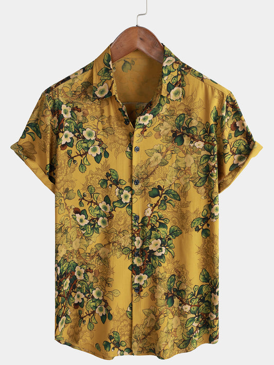Men's Short Sleeve Button-Up Shirt, Vintage, Casual, Rayon, Soft, Floral, Short Sleeves