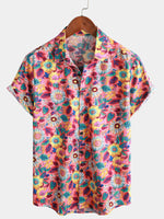 Men's Pink Floral 100% Cotton Breathable Summer Short Sleeve Hawaiian Button-Up Shirt