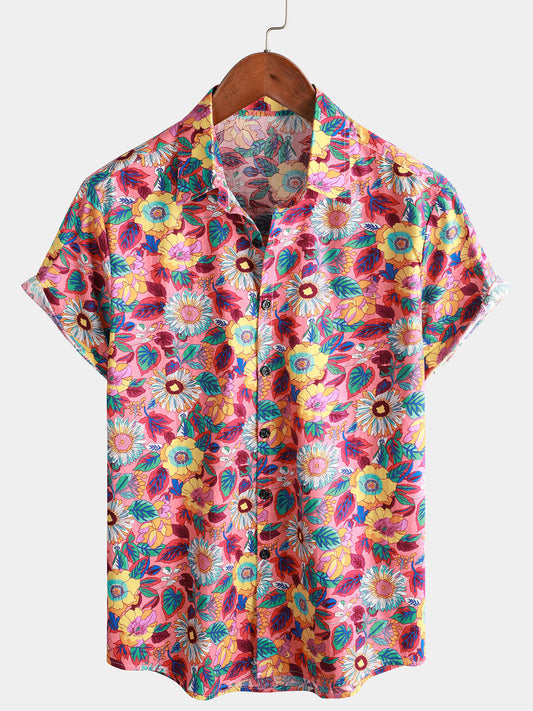 Men's Pink Floral 100% Cotton Breathable Summer Short Sleeve Hawaiian Button-Up Shirt