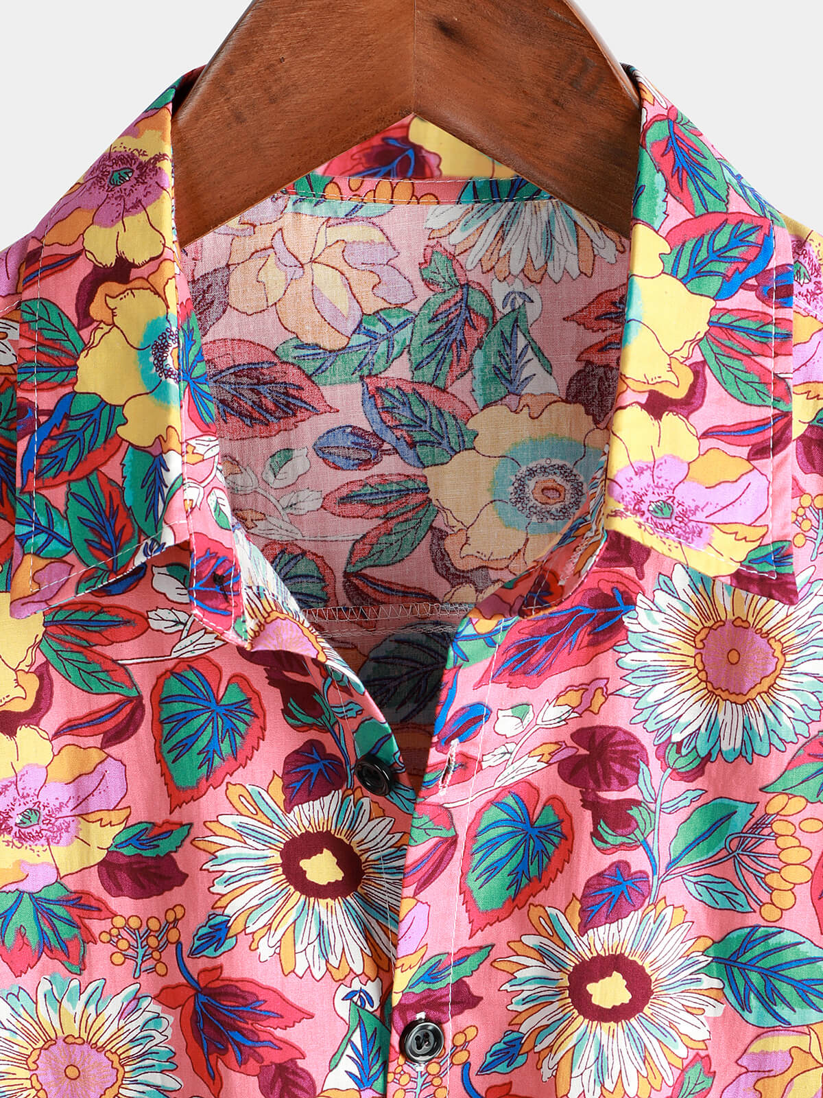 Men's Pink Floral 100% Cotton Breathable Summer Short Sleeve Hawaiian Button-Up Shirt