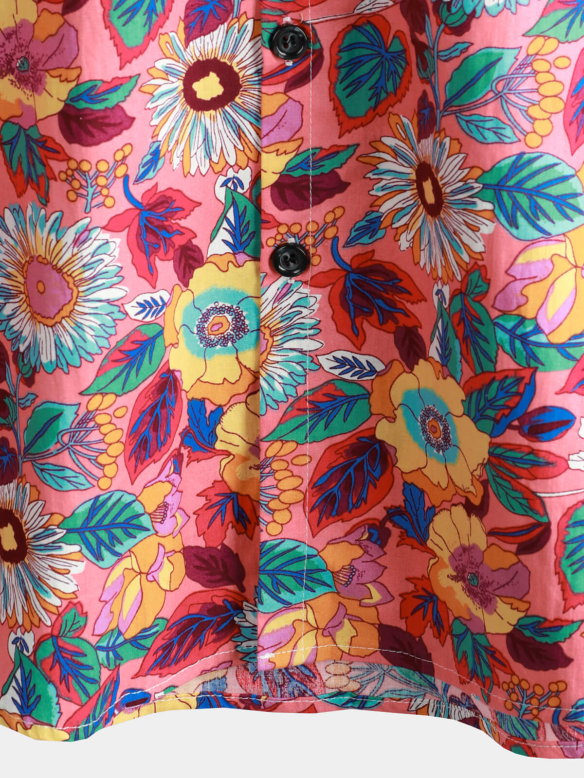 Men's Pink Floral 100% Cotton Breathable Summer Short Sleeve Hawaiian Button-Up Shirt