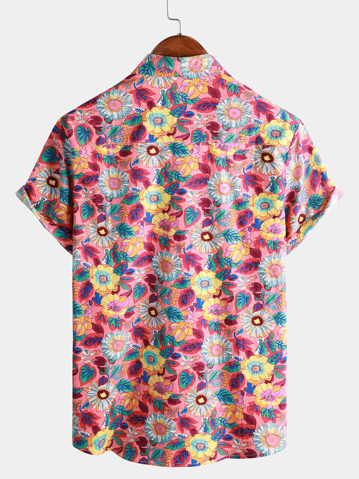 Men's Pink Floral 100% Cotton Breathable Summer Short Sleeve Hawaiian Button-Up Shirt