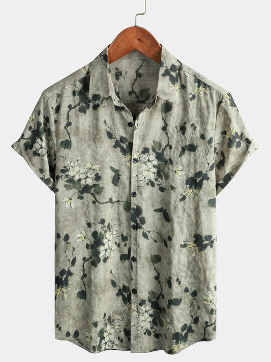 Grey Button-Up Short-Sleeved Breathable Vintage Cotton Floral Shirt for Men