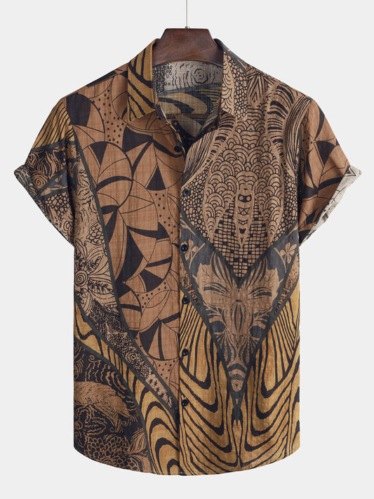 Men's Short Sleeve Retro Holiday Summer Vintage Button Up Vacation Beach Shirt