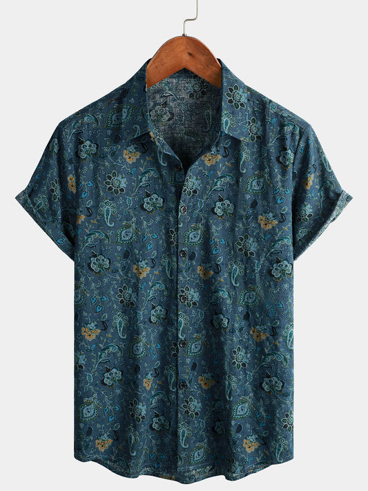 Men's Short Sleeve Paisley Vintage Floral Retro Button Up Blue Summer Holiday Shirt