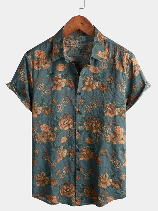 Vintage Blue Floral Short Sleeve Summer Shirt for Men