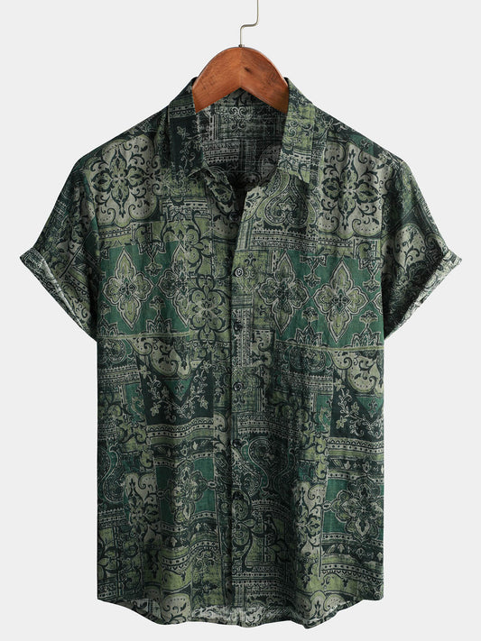 Men's Retro Floral Paisley Print Short Sleeve Cotton Shirt