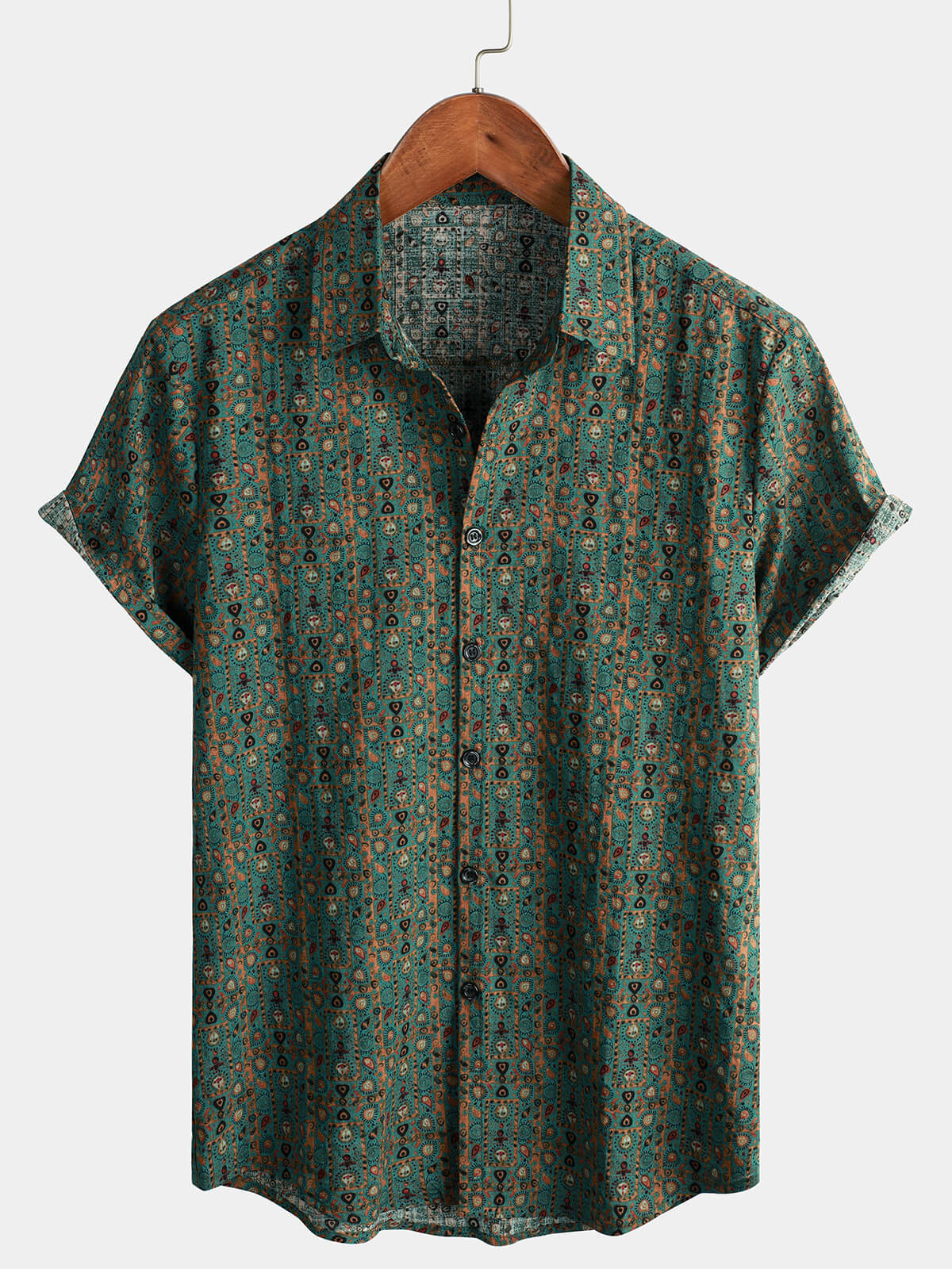 Men's Short Sleeve Vintage Paisley Print 70s Green Boho Retro Tribal Shirt