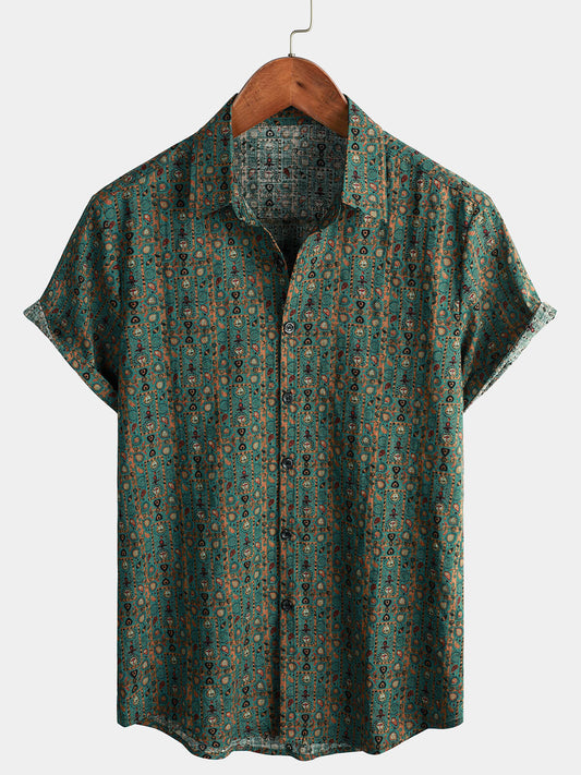 Men's Short Sleeve Vintage Paisley Print 70s Green Boho Retro Tribal Shirt