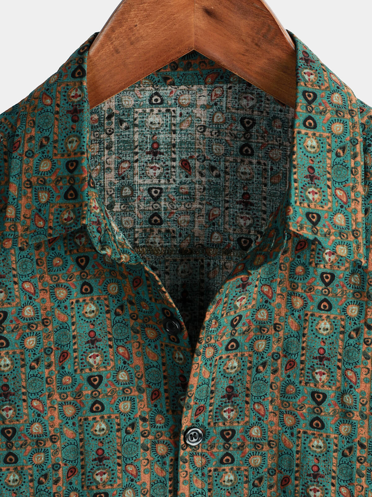Men's Short Sleeve Vintage Paisley Print 70s Green Boho Retro Tribal Shirt