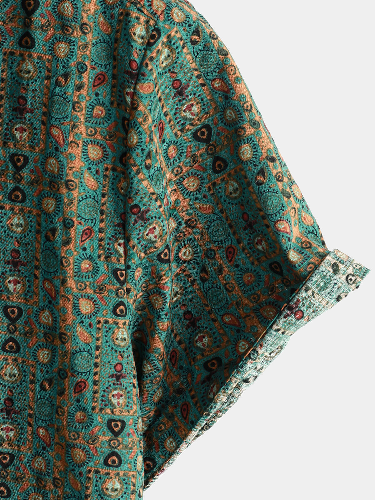 Men's Short Sleeve Vintage Paisley Print 70s Green Boho Retro Tribal Shirt