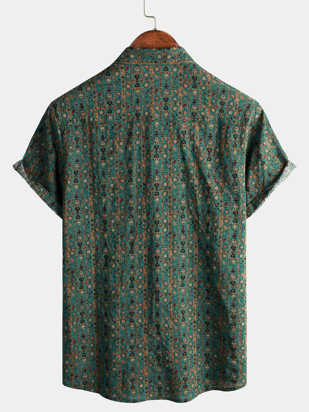 Men's Short Sleeve Vintage Paisley Print 70s Green Boho Retro Tribal Shirt