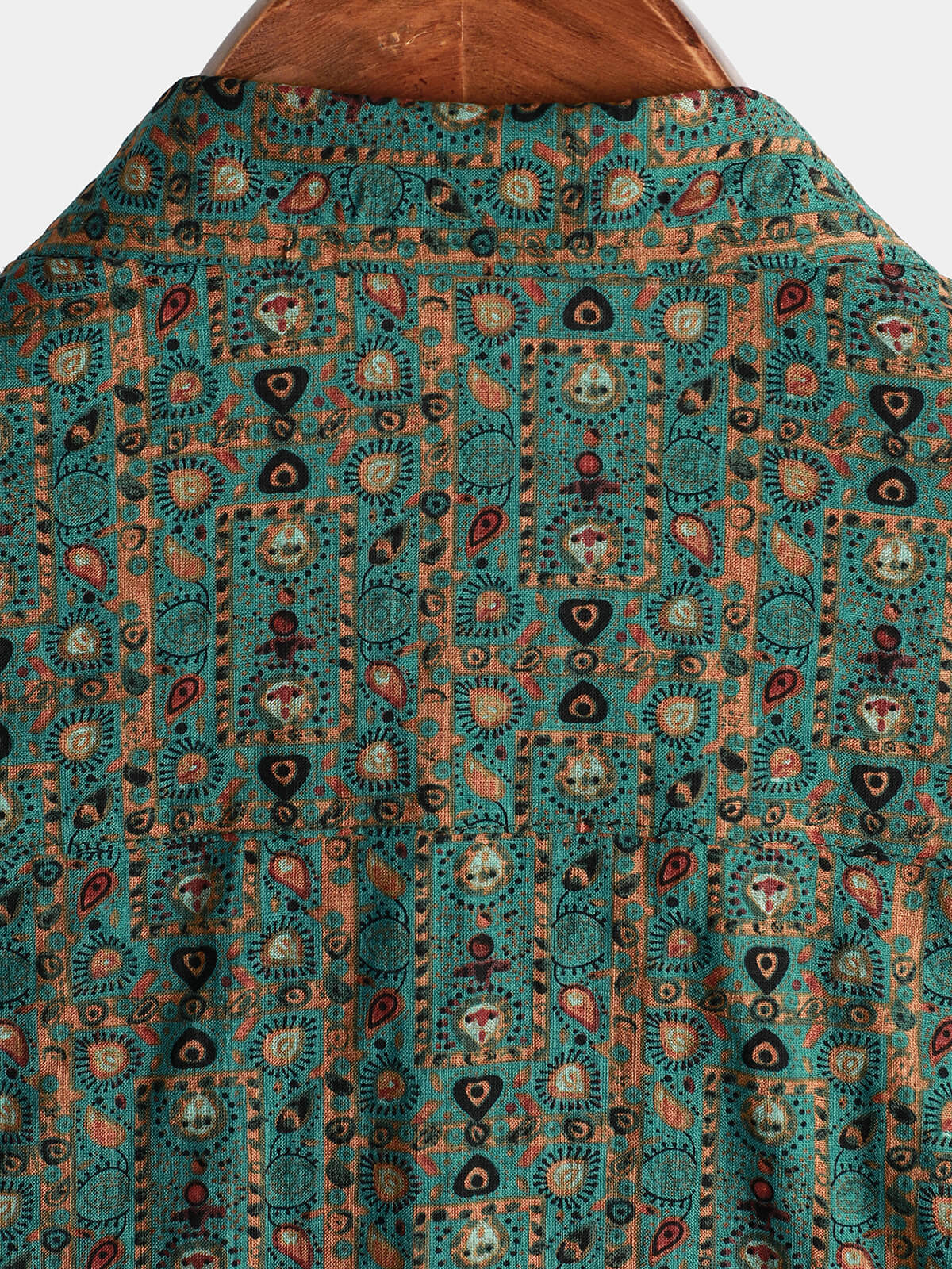 Men's Short Sleeve Vintage Paisley Print 70s Green Boho Retro Tribal Shirt