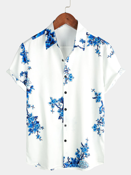 Men's Casual Short-Sleeve Button-Up Shirt in Blue with Floral Print