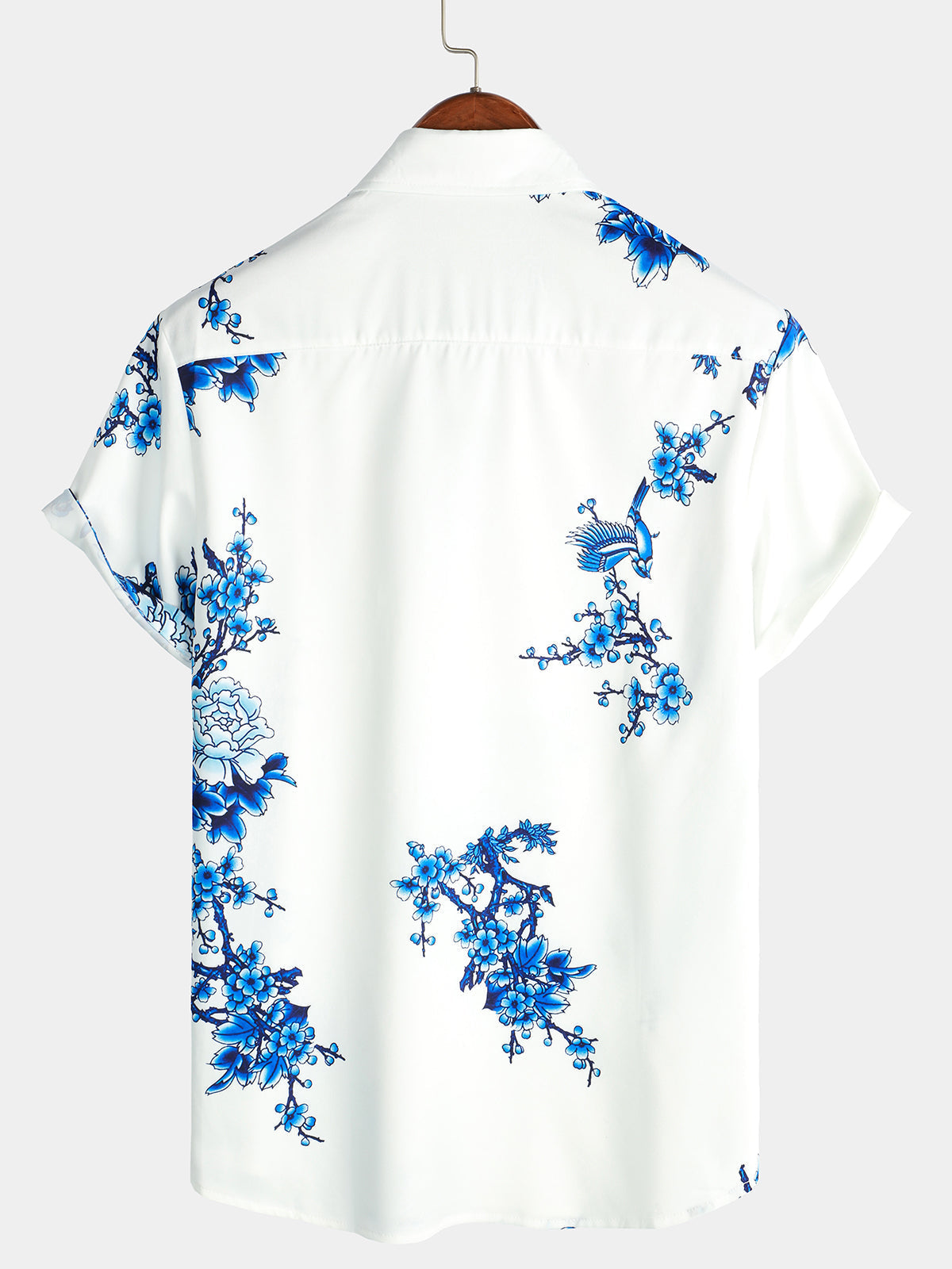 Men's Casual Short-Sleeve Button-Up Shirt in Blue with Floral Print