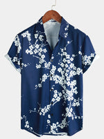 Casual Short Sleeve Revers Collar Men's Shirt with Vintage Navy Floral Print