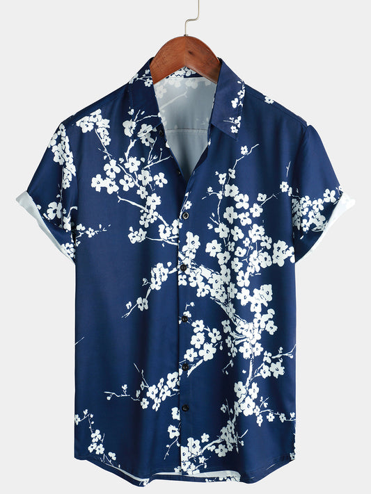 Casual Short Sleeve Revers Collar Men's Shirt with Vintage Navy Floral Print