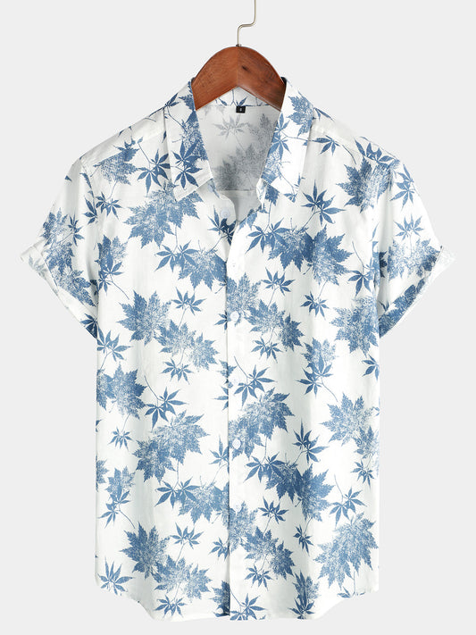 Breathable Short-Sleeved Cotton and Linen Maple Leaf Print Shirt for Men