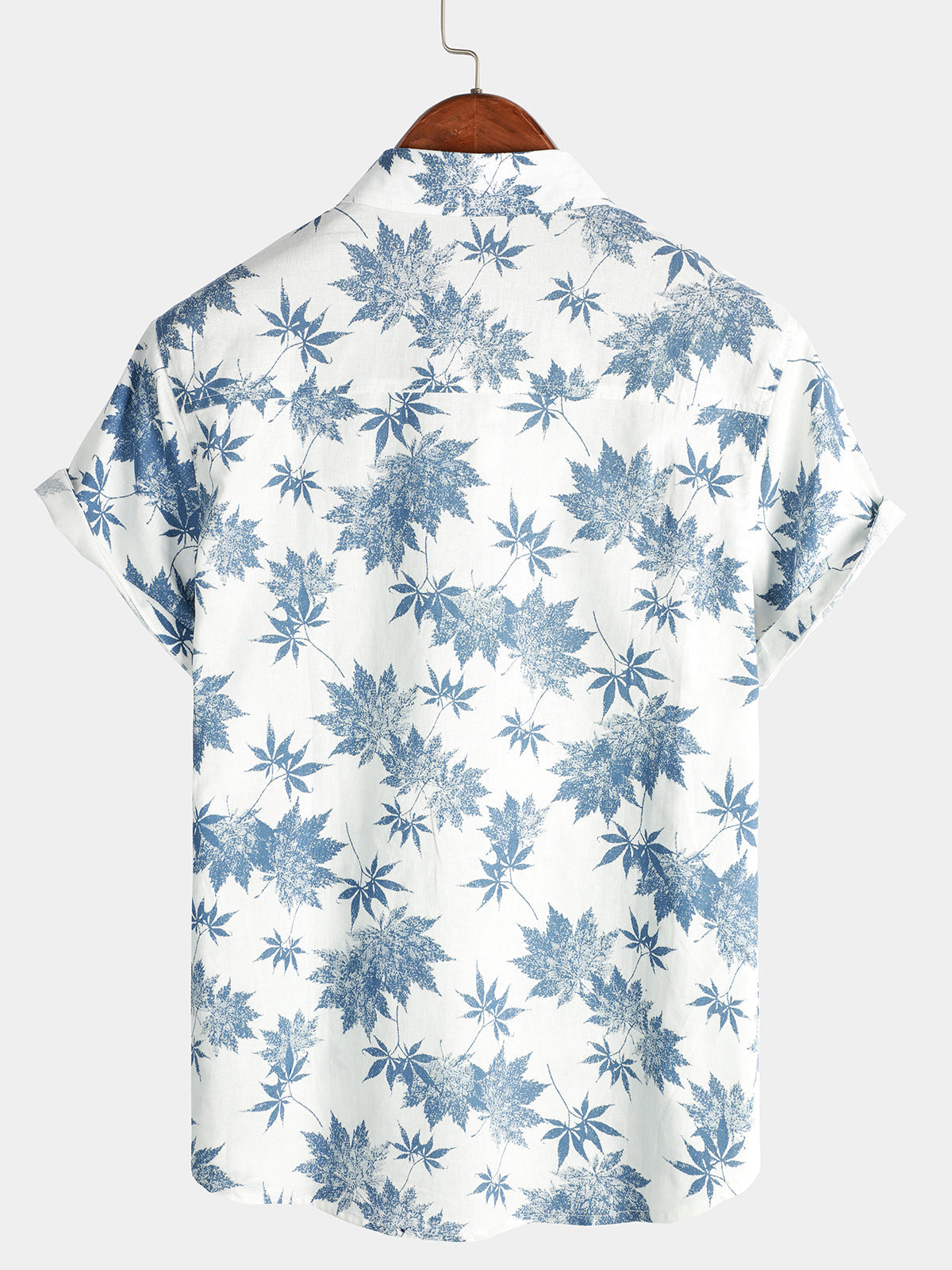 Breathable Short-Sleeved Cotton and Linen Maple Leaf Print Shirt for Men