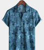 Men's Short Sleeve Retro Shirt with Pockets, Blue Floral Pattern, Casual Style for Holidays