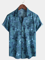 Men's Short Sleeve Retro Shirt with Pockets, Blue Floral Pattern, Casual Style for Holidays