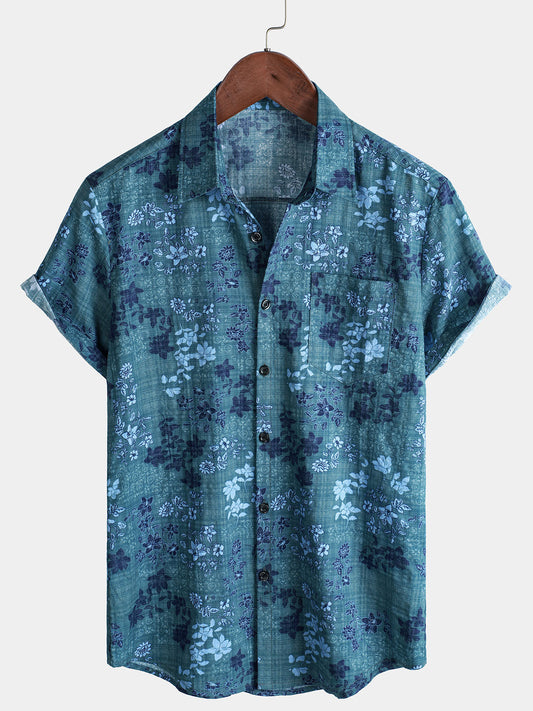Men's Short Sleeve Retro Shirt with Pockets, Blue Floral Pattern, Casual Style for Holidays