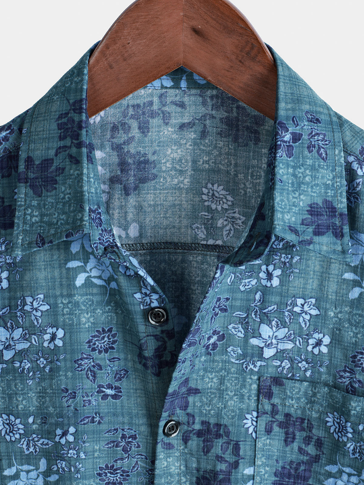 Men's Short Sleeve Retro Shirt with Pockets, Blue Floral Pattern, Casual Style for Holidays
