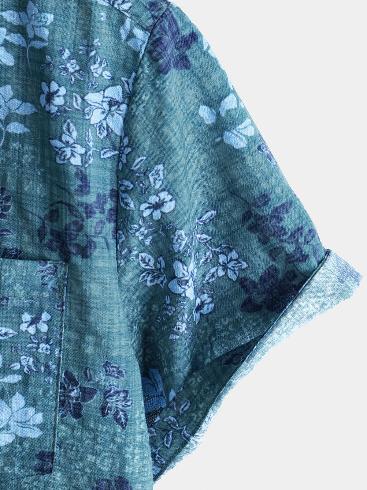 Men's Short Sleeve Retro Shirt with Pockets, Blue Floral Pattern, Casual Style for Holidays
