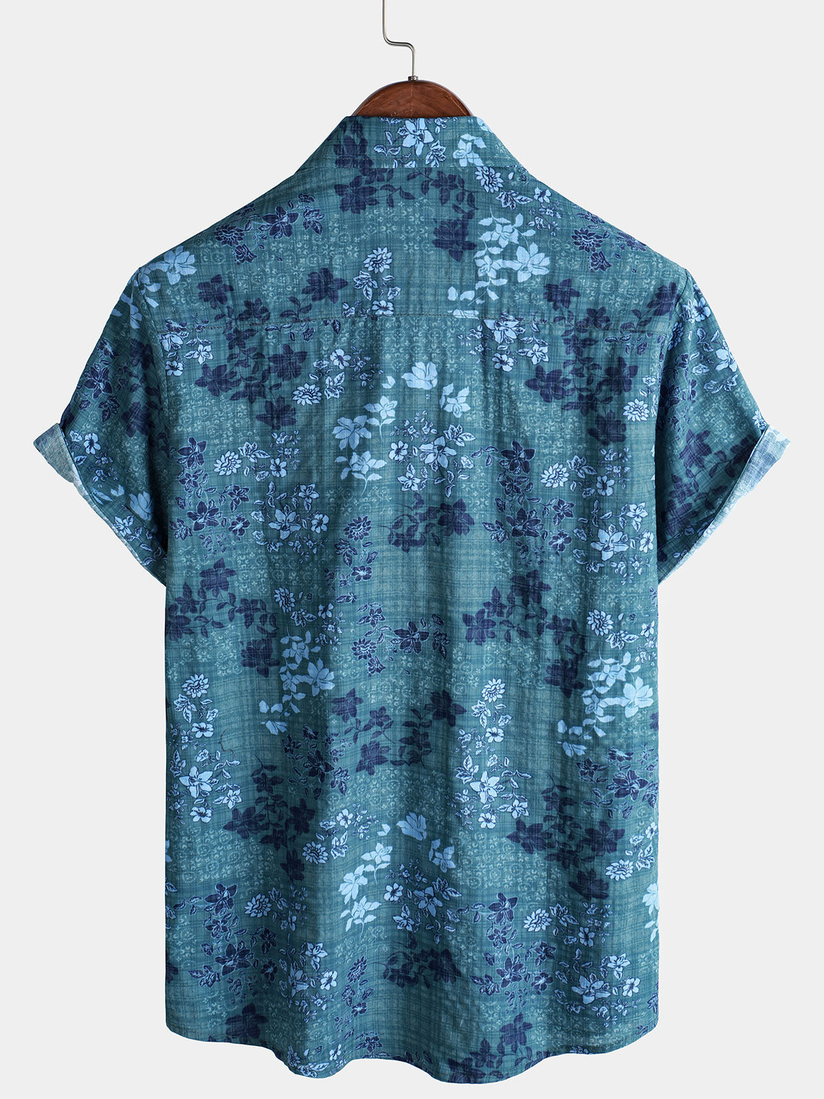 Men's Short Sleeve Retro Shirt with Pockets, Blue Floral Pattern, Casual Style for Holidays