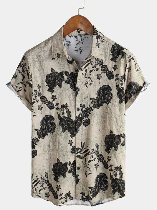 Vintage Floral Short Sleeve Cotton Leisure Shirt for Men