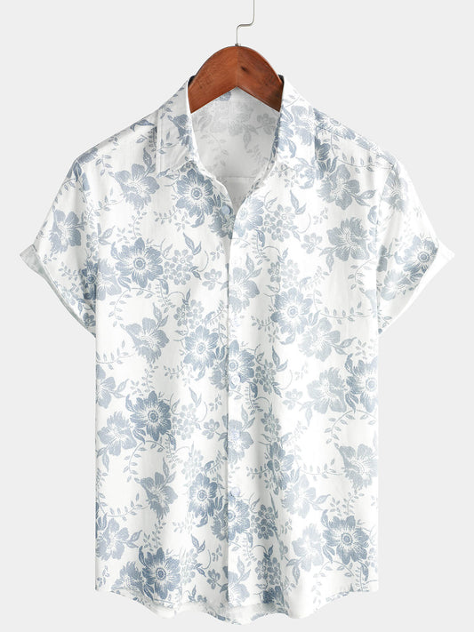 White Hawaiian Summer Shirt for Men, Short Sleeve, Breathable Cotton and Linen