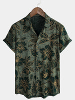 Men's Short Sleeve Button-Up Shirt, Floral Pattern, Vintage, Green, Summer Holidays