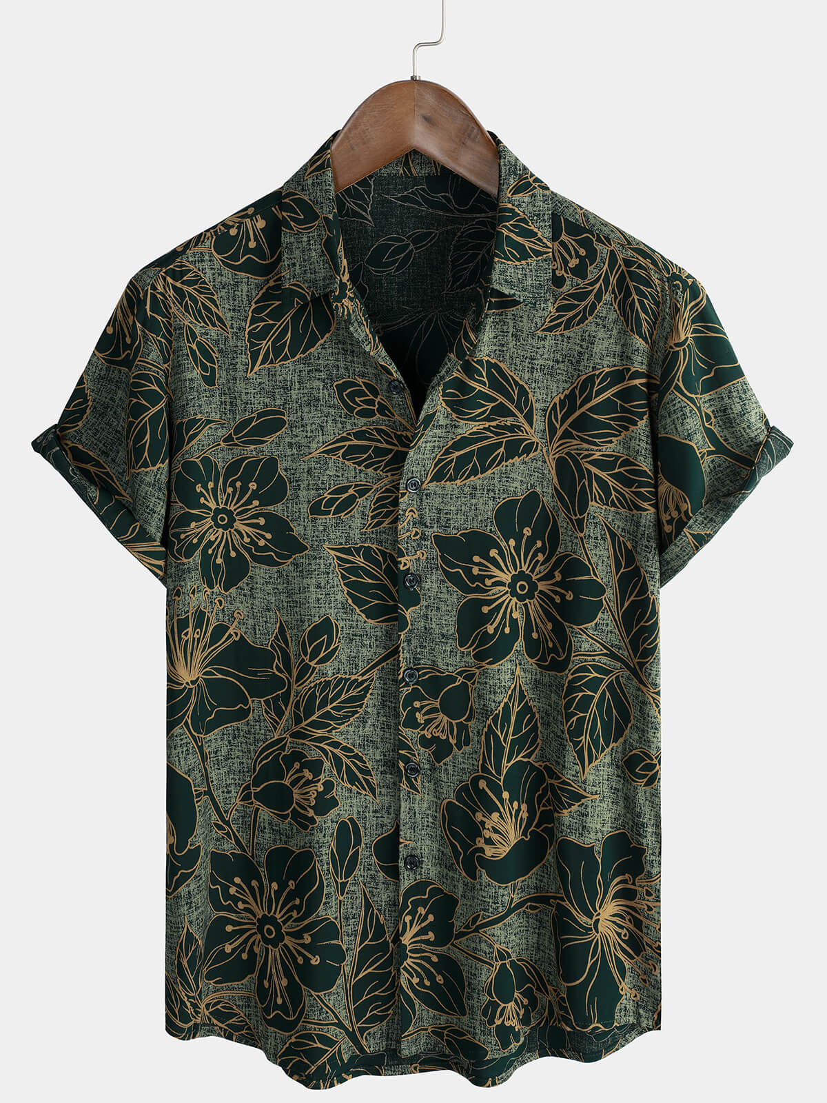 Men's Short Sleeve Button-Up Shirt, Floral Pattern, Vintage, Green, Summer Holidays
