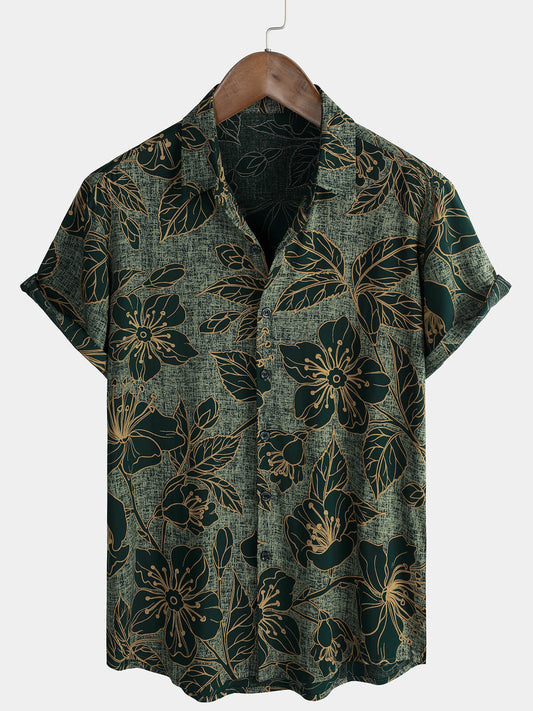 Men's Short Sleeve Button-Up Shirt, Floral Pattern, Vintage, Green, Summer Holidays