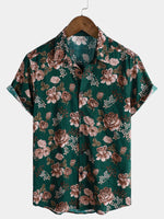 Men's Short Sleeve Shirt, Retro Green Floral Pattern for Summer Holidays
