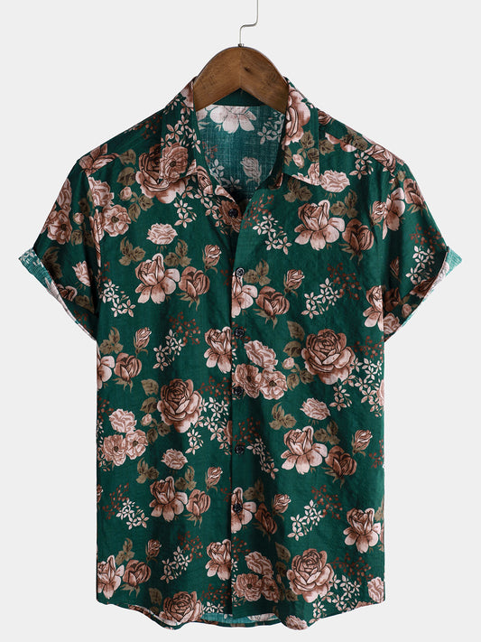 Men's Short Sleeve Shirt, Retro Green Floral Pattern for Summer Holidays