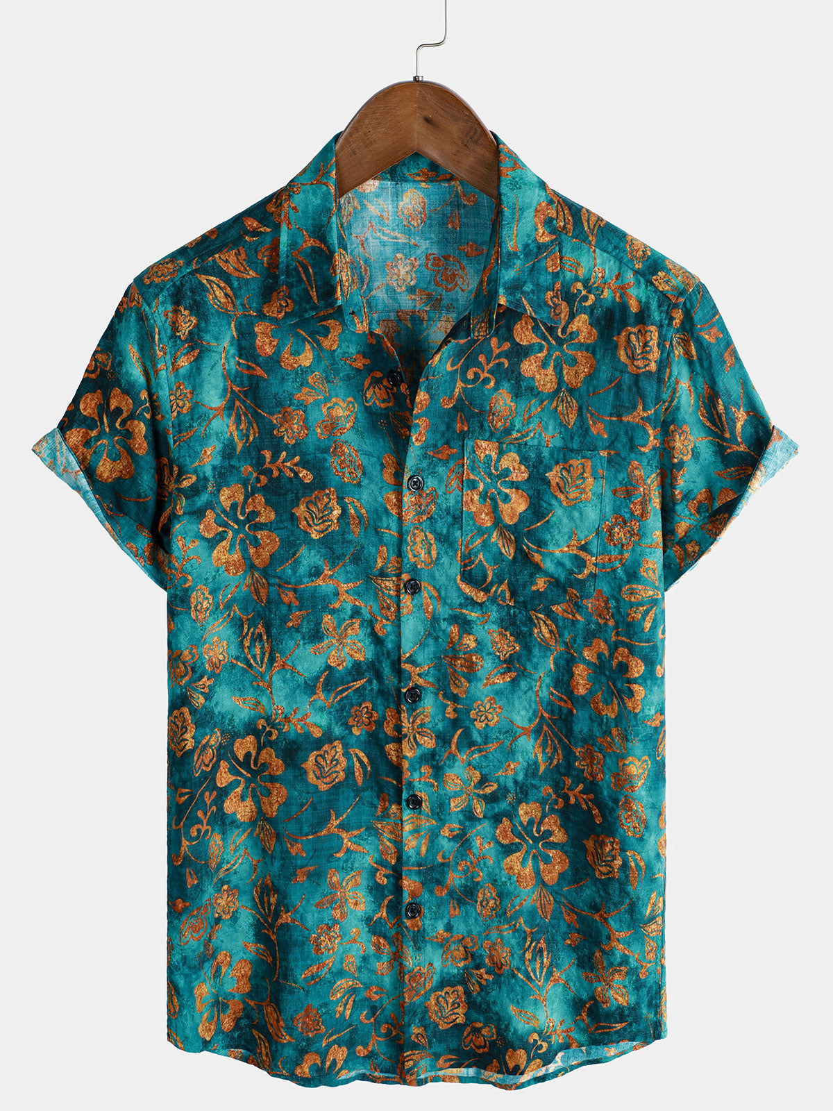 Short-Sleeved Hawaiian Shirt with Floral Print Pocket for Men