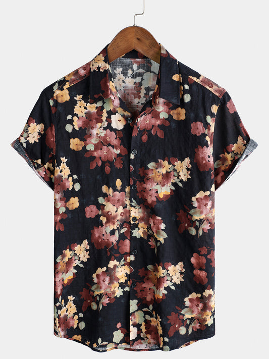 Casual Short-Sleeved Cotton Beach Shirt with Floral Print for Men