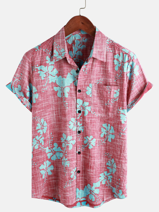Vintage Short-Sleeved Button-Up Tropical Hawaiian Shirt for Men in Red Floral