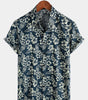 Men's Aloha Resort Short-Sleeve Button-Up Beach Shirt in Cotton with Blue Tropical Plant Leaves