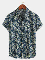 Men's Aloha Resort Short-Sleeve Button-Up Beach Shirt in Cotton with Blue Tropical Plant Leaves