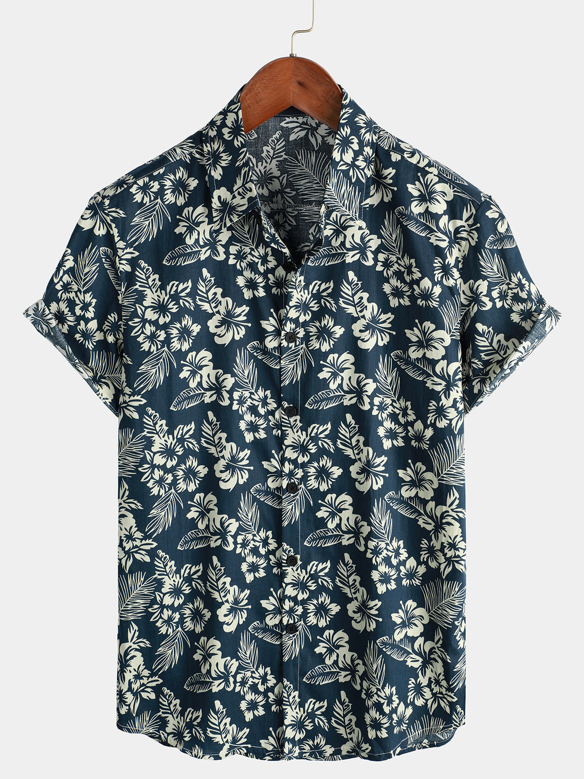 Men's Aloha Resort Short-Sleeve Button-Up Beach Shirt in Cotton with Blue Tropical Plant Leaves
